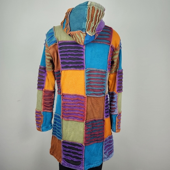 Ark Import Artsy Boho Faded Patchwork Hooded Fleece Lined Jacket Size M Hippi - Picture 2 of 16